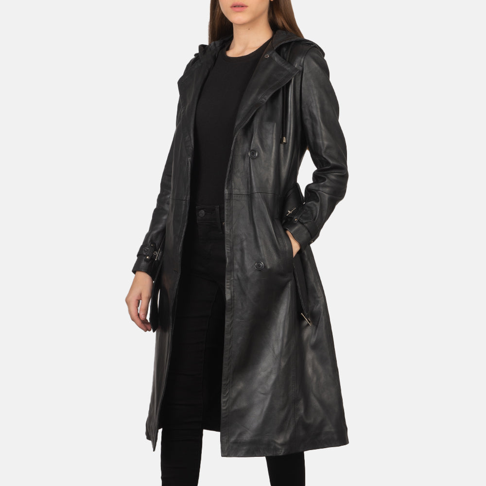 
Fixon Hooded Czarny Skórzany Trencz Damska in Black Sheepskin Leather - Widok z przodu i dopasowana sylwetka | Kup online w oficjalnym sklepie