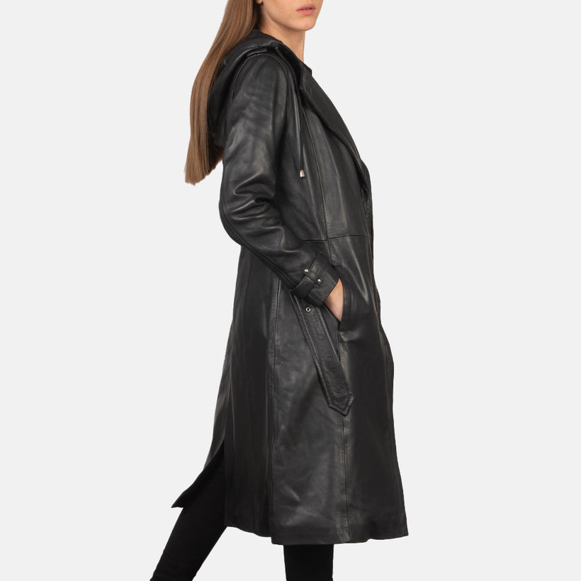 Fixon Hooded Czarna Skórzany Trencz Damska