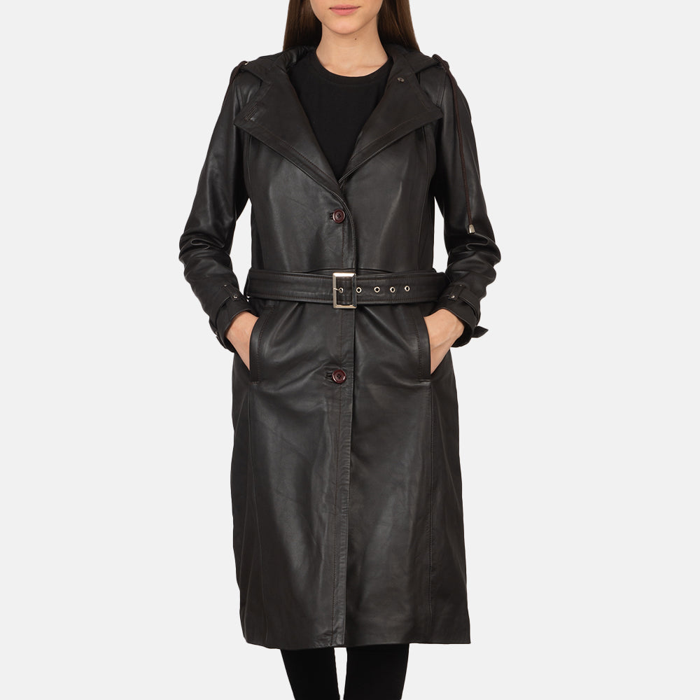 
Fixon Hooded Brązowy Skórzany Trencz Damska in Brown Sheepskin Leather - Widok z przodu i dopasowana sylwetka | Kup online w oficjalnym sklepie