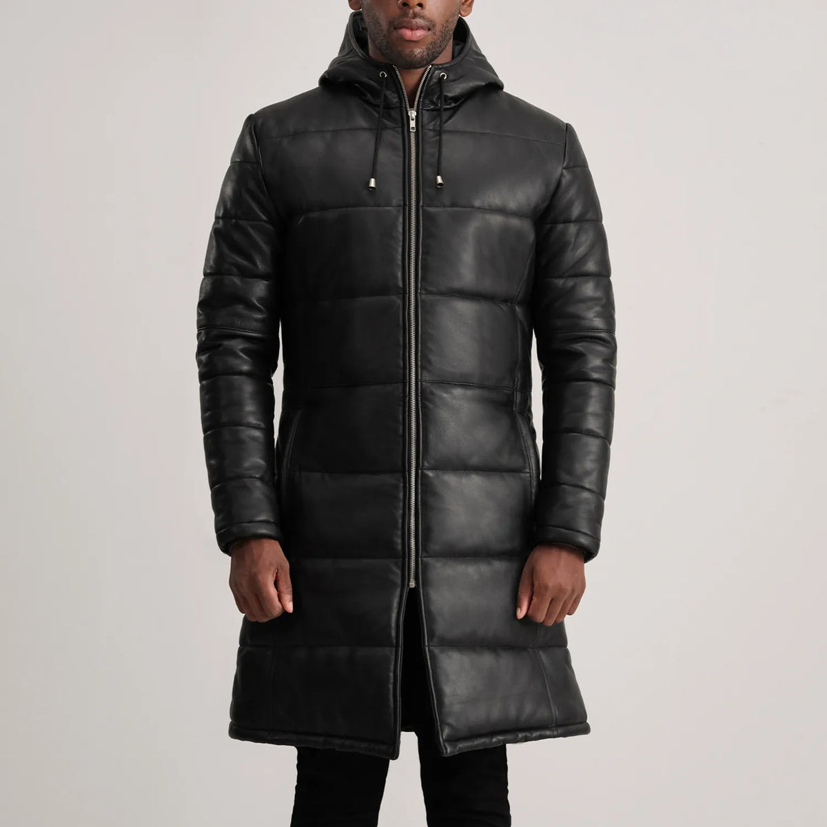 
Szczegółowe zbliżenie of Hooded & Zipper Hardware on Floyd Tan Hooded Leather Puffer Coat