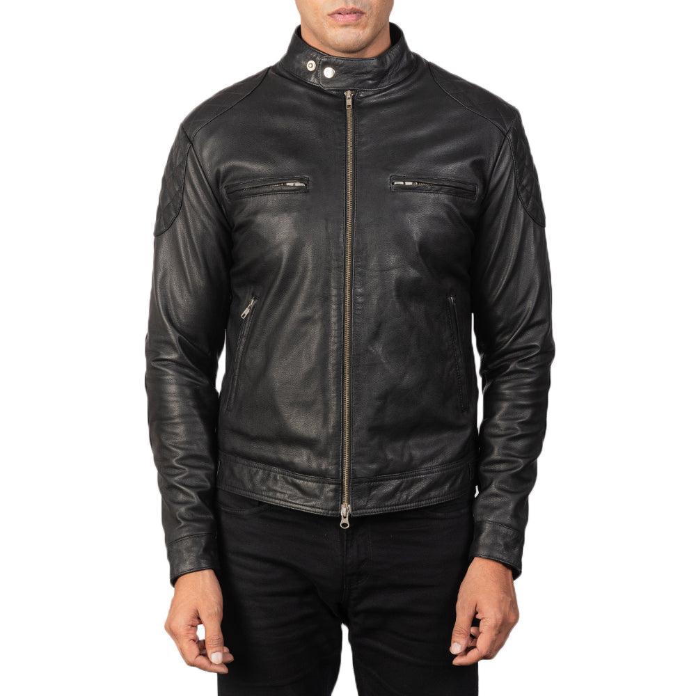 Close-Up Detail of Band with snap buttons &amp; Zipper Hardware on Men's Gatsby Quilted Black Leather Biker Jacket