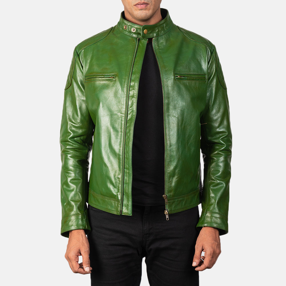 
Gatsby Quilted Green Leather Biker Jacket in Green Sheepskin Burnishing - Widok z przodu i dopasowana sylwetka | Kup online w oficjalnym sklepie