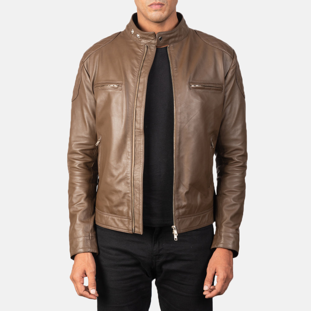 Gatsby Mocha Skórzana Ramoneska Męska in Dark Brown Sheepskin Leather - Front Profile View &amp; Tailored Silhouette | Buy Online