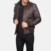 Brown Goatskin Leather Bomber Jacket - Back View Showing Tailored Shoulder Fit &amp; Clean Hemline