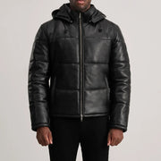
Szczegółowe zbliżenie of High neck & Zipper Hardware on Gordon Tan Hooded Leather Puffer Jacket