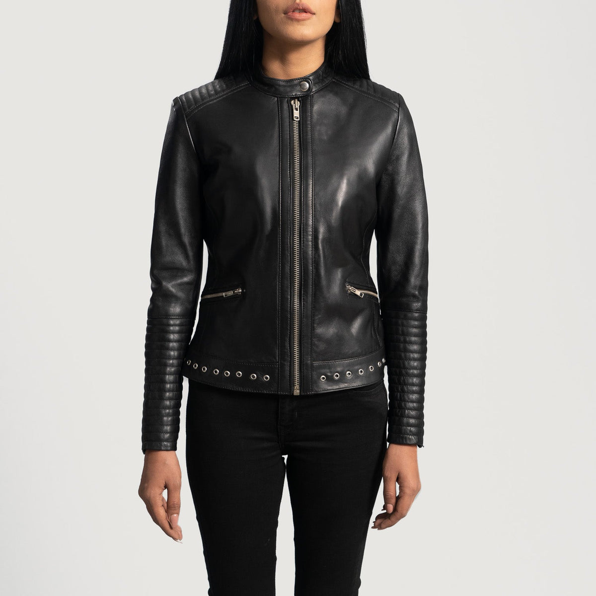 Women's Haley Ray Czarna Skórzana Ramoneska Damska in Black Sheepskin Leather - Front Profile View &amp; Tailored Silhouette | Buy Online