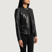 Women's Haley Ray Czarna Skórzana Ramoneska Damska - Lateral Side Profile View Showing Sleeve Cut &amp; Athletic Taper Fit