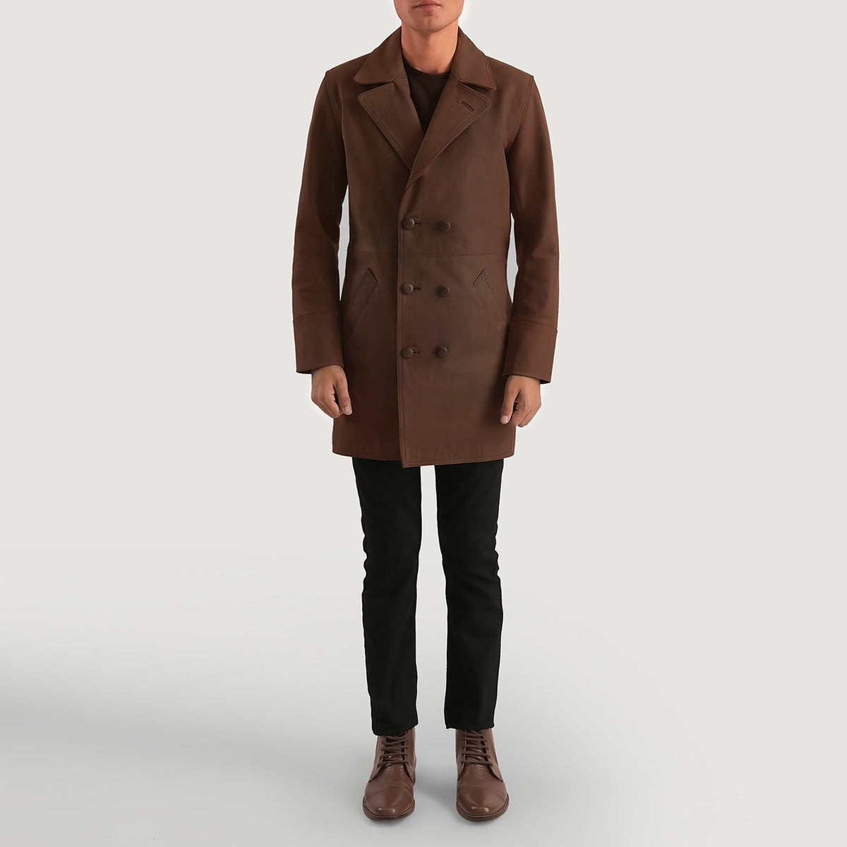 Close-Up Detail of Notch & Button Hardware on Men's Half Life Brown Leather Coat