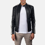 
Hank Czarny Skórzana Ramoneska Męska in Black & White Cowhide Leather - Widok z przodu i dopasowana sylwetka | Kup online w oficjalnym sklepie