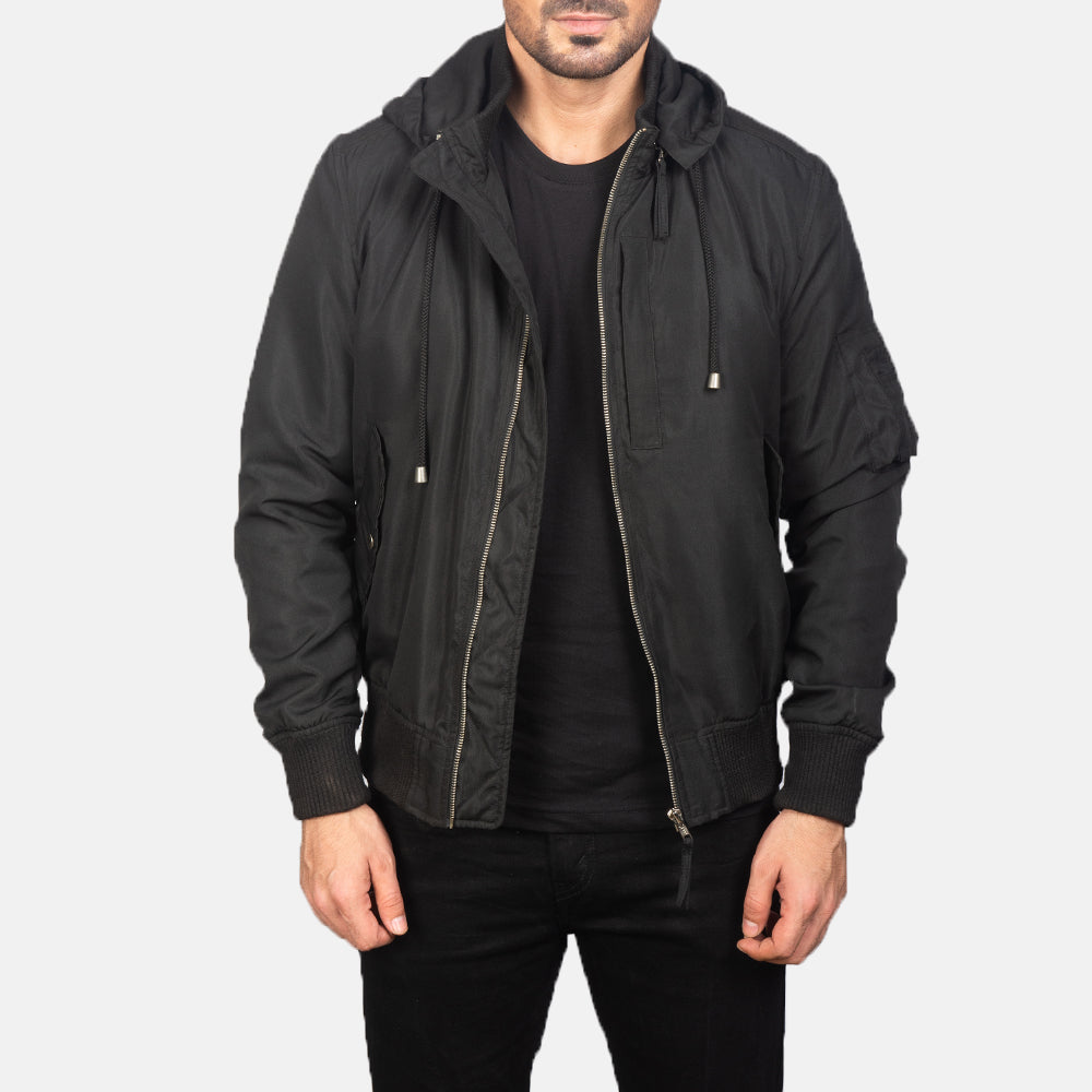 
Hanklin Ma-1 Black Hooded Bomber Jacket in Black Polyester - Widok z przodu i dopasowana sylwetka | Kup online w oficjalnym sklepie