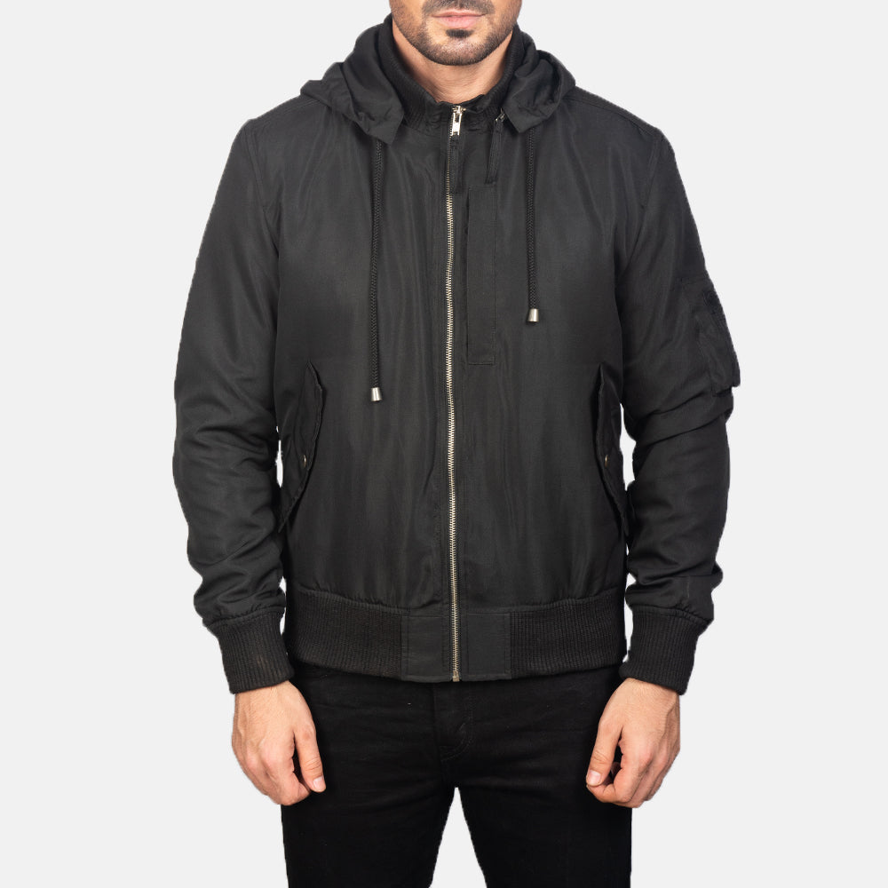 
Szczegółowe zbliżenie of Knit Rib with Removable Polyester Hood & Zipper Hardware on Hanklin Ma-1 Black Hooded Bomber Jacket