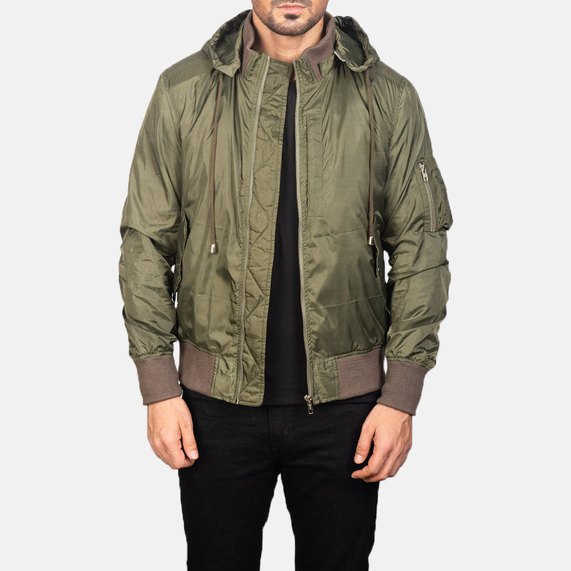 Hanklin MA-1 Green Hooded Skórzana Kurtka Bomberka Męska