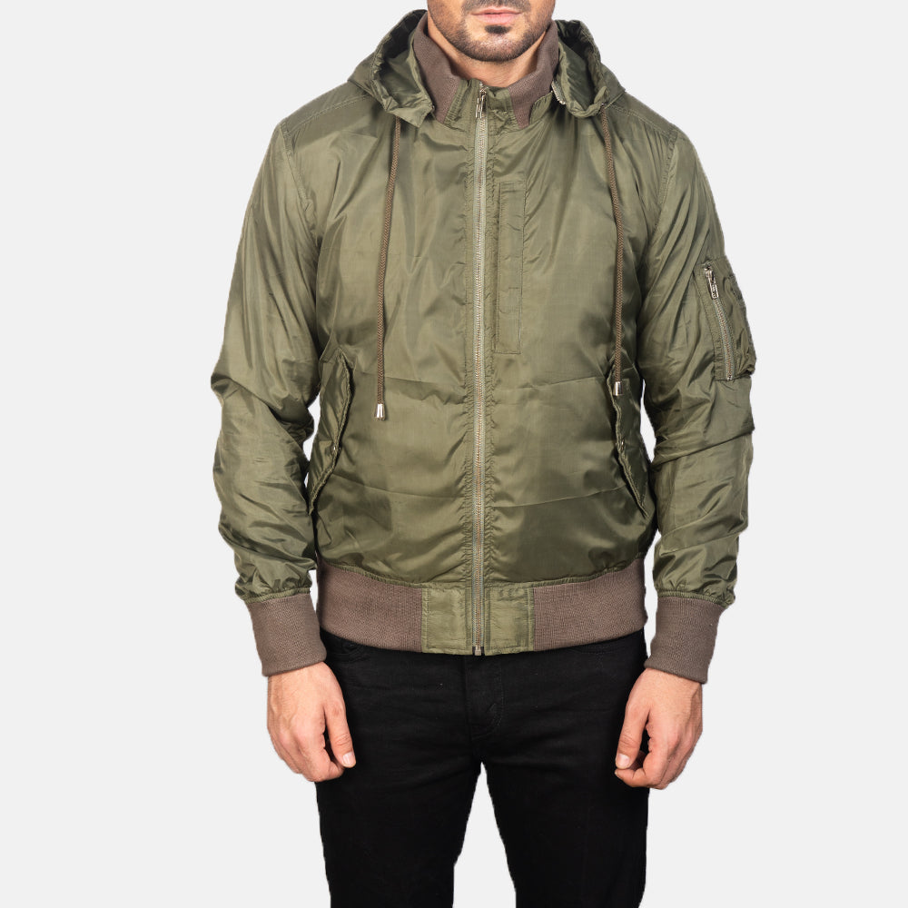 
Szczegółowe zbliżenie of Knit Rib with Removable Nylon Hood & Zipper Hardware on Hanklin Ma-1 Green Hooded Bomber Jacket