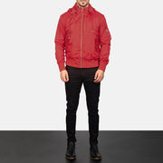 Men's Hanklin Ma-1 Red Hooded Bomber Jacket - Lateral Side Profile View Showing Sleeve Cut &amp; Athletic Taper Fit
