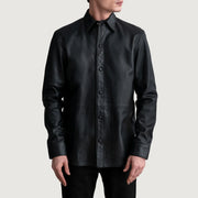 Haven Black Leather Shirt - Lateral Side Profile View Showing Sleeve Cut &amp; Athletic Taper Fit