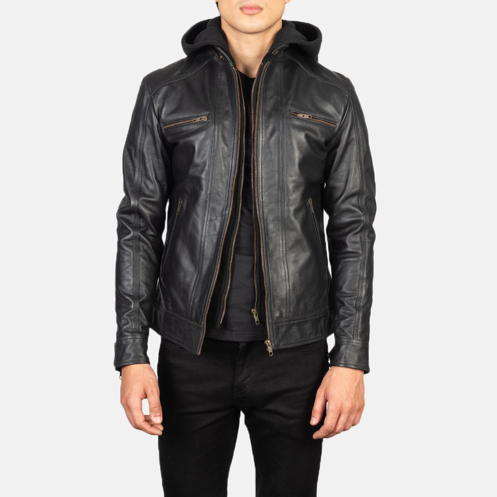 Men's Hector Czarna Hooded Skórzana Ramoneska Męska in Black Cowhide Leather - Front Profile View &amp; Tailored Silhouette | Buy Online