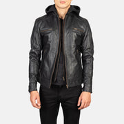 Men's Hector Czarna Hooded Skórzana Ramoneska Męska in Black Cowhide Leather - Front Profile View &amp; Tailored Silhouette | Buy Online
