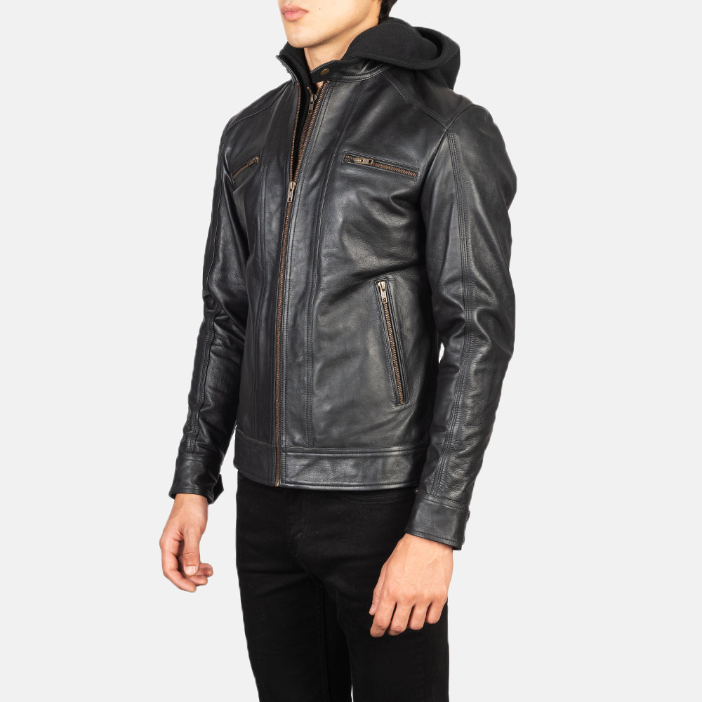 Black Cowhide Leather Biker Jacket - Back View Showing Tailored Shoulder Fit &amp; Clean Hemline