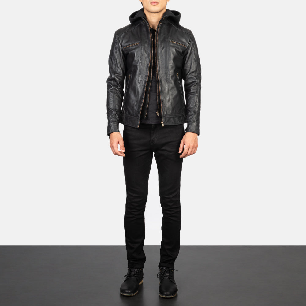 Men's Hector Czarna Hooded Skórzana Ramoneska Męska - Lateral Side Profile View Showing Sleeve Cut &amp; Athletic Taper Fit