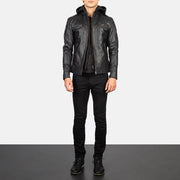 Men's Hector Czarna Hooded Skórzana Ramoneska Męska - Lateral Side Profile View Showing Sleeve Cut &amp; Athletic Taper Fit