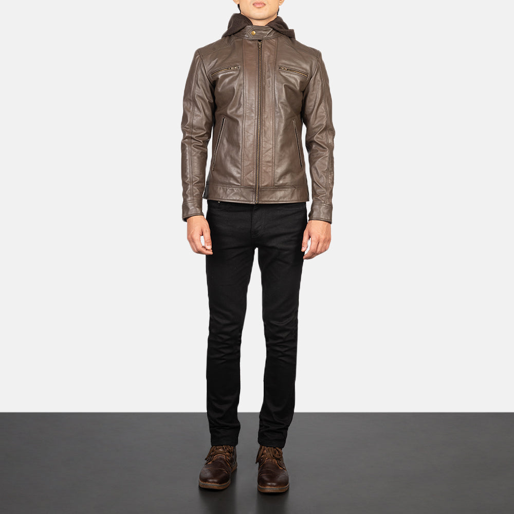 Men's Hector Brązowa Hooded Skórzana Ramoneska Męska - Lateral Side Profile View Showing Sleeve Cut &amp; Athletic Taper Fit