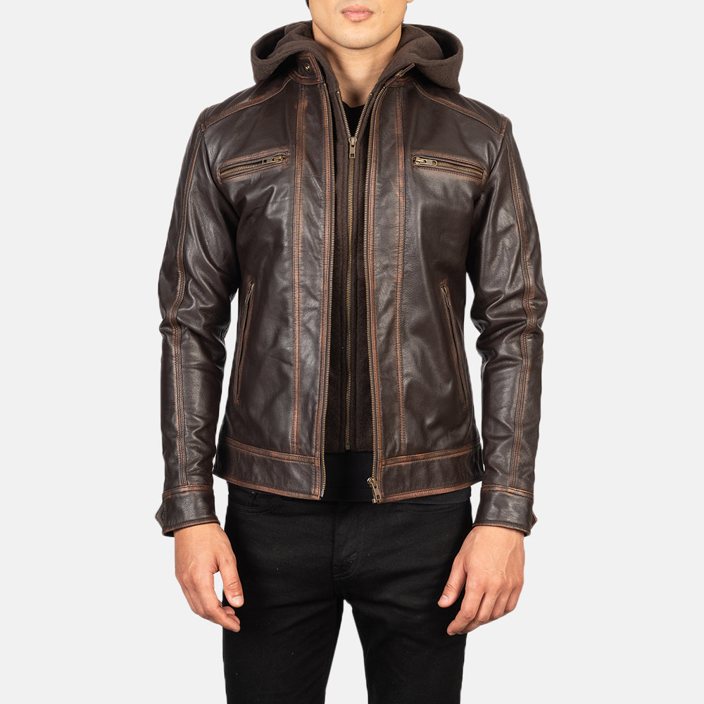 
Hector Vintage Brązowy Hooded Skórzana Ramoneska Męska in Vintage Brown Goatskin Leather - Widok z przodu i dopasowana sylwetka | Kup online w oficjalnym sklepie