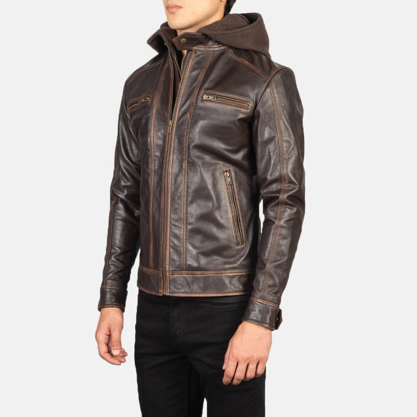 Hector Vintage Brązowy Hooded Skórzana Ramoneska Męska