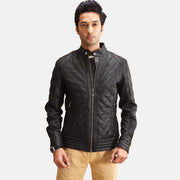 Henry Quilted Czarna Kurtka Skórzana Męska in Black Sheepskin Leather - Front Profile View &amp; Tailored Silhouette | Buy Online