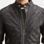 Close-Up Detail of Band with Snap Button &amp; Zipper Hardware on Henry Quilted Czarna Kurtka Skórzana Męska