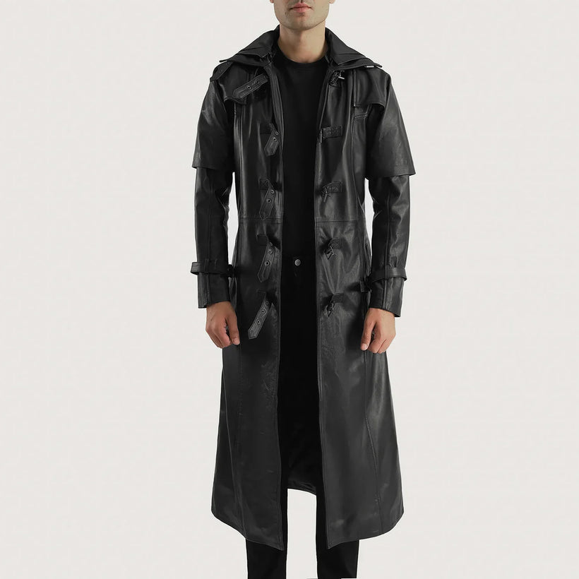 Huntsman Czarna Hooded Skórzany Trencz Męska