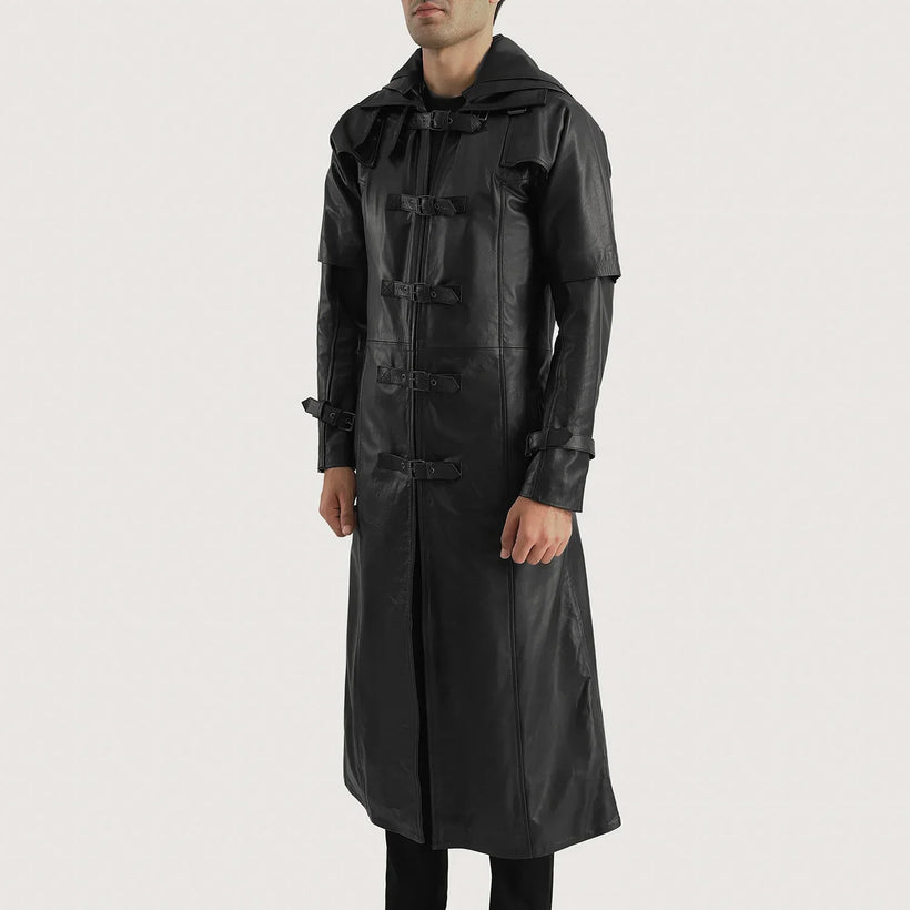 Huntsman Czarna Hooded Skórzany Trencz Męska