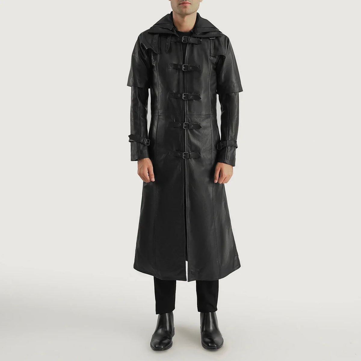 
Huntsman Czarny Hooded Skórzany Trencz Męska - Widok z boku z ergonomicznym krojem rękawa
