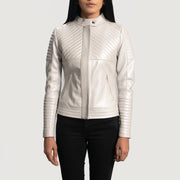 Women's Ice Maiden Silver Pikowana Skórzana Ramoneska Damska in Silver Sheepskin Leather - Front Profile View &amp; Tailored Silhouette | Buy Online