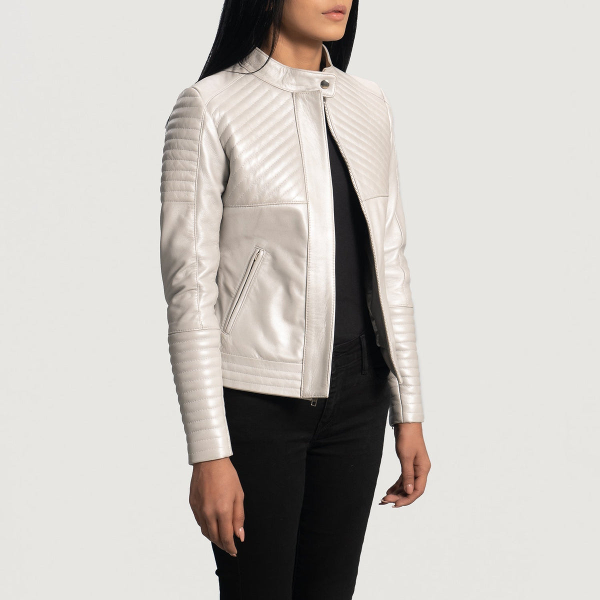 Silver Sheepskin Leather Biker Jacket - Back View Showing Tailored Shoulder Fit &amp; Clean Hemline