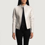 Women's Ice Maiden Silver Pikowana Skórzana Ramoneska Damska - Lateral Side Profile View Showing Sleeve Cut &amp; Athletic Taper Fit