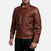 Styled Fit Perspective of Men's Inferno Brązowa Kurtka Skórzana Męska on Model - Natural Daylight Drape