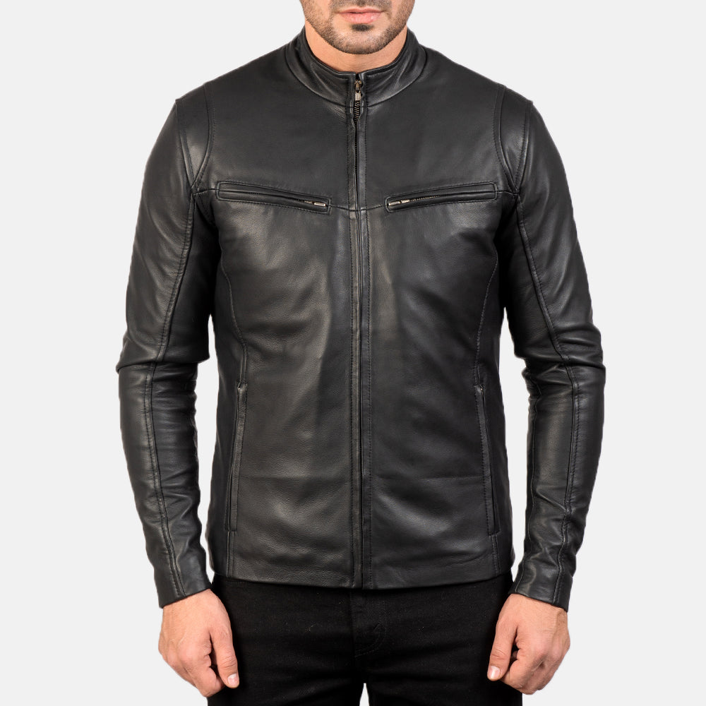 Close-Up Detail of Band &amp; Zipper Hardware on Men's Ionic Black Leather Jacket