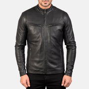 Close-Up Detail of Band &amp; Zipper Hardware on Men's Ionic Black Leather Jacket