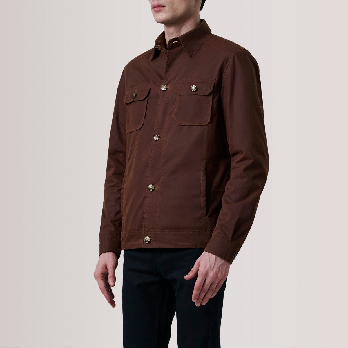 Irwin Brązowa Waxed Canvas Field Kurtka Skórzana Męska For Men - Lateral Side Profile View Showing Sleeve Cut &amp; Athletic Taper Fit