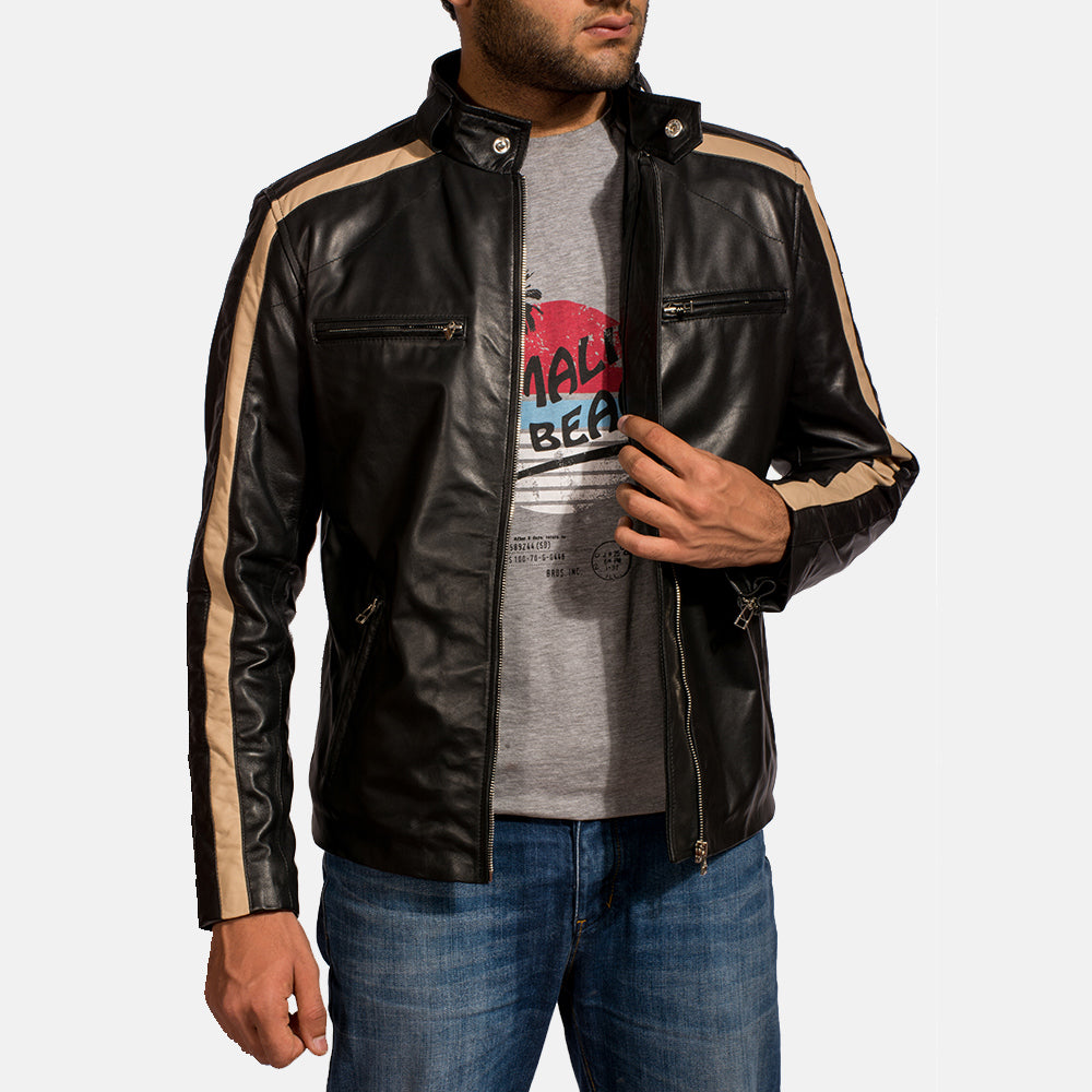 Men's Jack Czarna Skórzana Ramoneska Męska - Lateral Side Profile View Showing Sleeve Cut &amp; Athletic Taper Fit