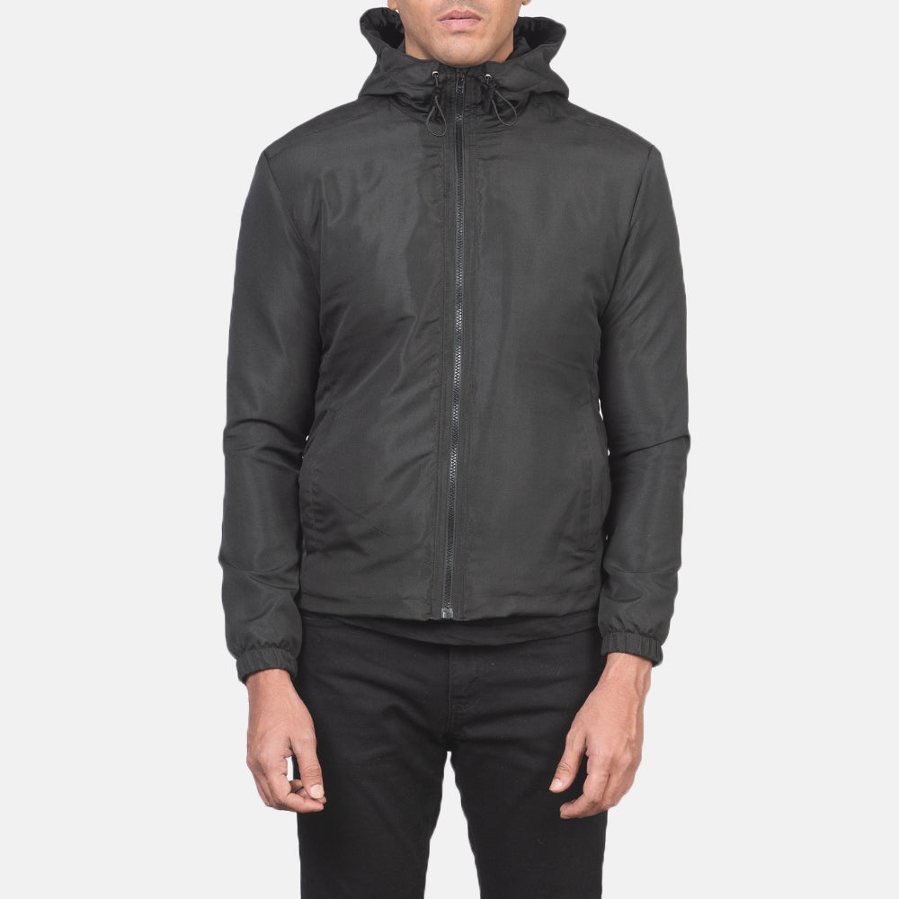 
Szczegółowe zbliżenie of High Neck with Hood & Zipper with wind flap Hardware on Jimmy Czarny Hooded Windbreaker Kurtka Skórzana Męska
