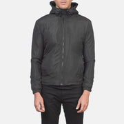 
Szczegółowe zbliżenie of High Neck with Hood & Zipper with wind flap Hardware on Jimmy Czarny Hooded Windbreaker Kurtka Skórzana Męska