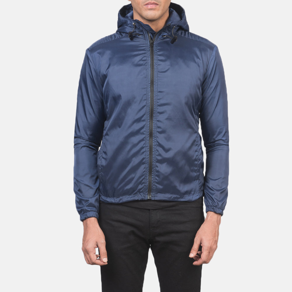 Jimmy Blue Hooded Windbreaker Jacket in Blue Nylon - Widok z przodu i dopasowana sylwetka | Kup online w oficjalnym sklepie
