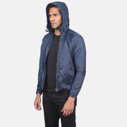 Close-Up Detail of High Neck with Hood &amp; Zipper with wind flap Hardware on Men's Jimmy Blue Hooded Windbreaker Kurtka Skórzana Męska
