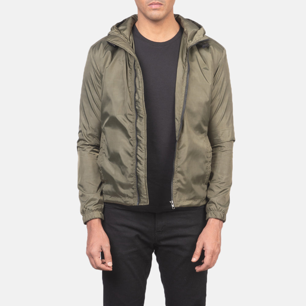 Jimmy Green Hooded Windbreaker Jacket in Green Nylon - Widok z przodu i dopasowana sylwetka | Kup online w oficjalnym sklepie