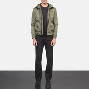 Men's Jimmy Green Hooded Windbreaker Kurtka Skórzana Męska - Lateral Side Profile View Showing Sleeve Cut &amp; Athletic Taper Fit