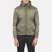 Close-Up Detail of High Neck with Hood &amp; Zipper with wind flap Hardware on Men's Jimmy Green Hooded Windbreaker Kurtka Skórzana Męska