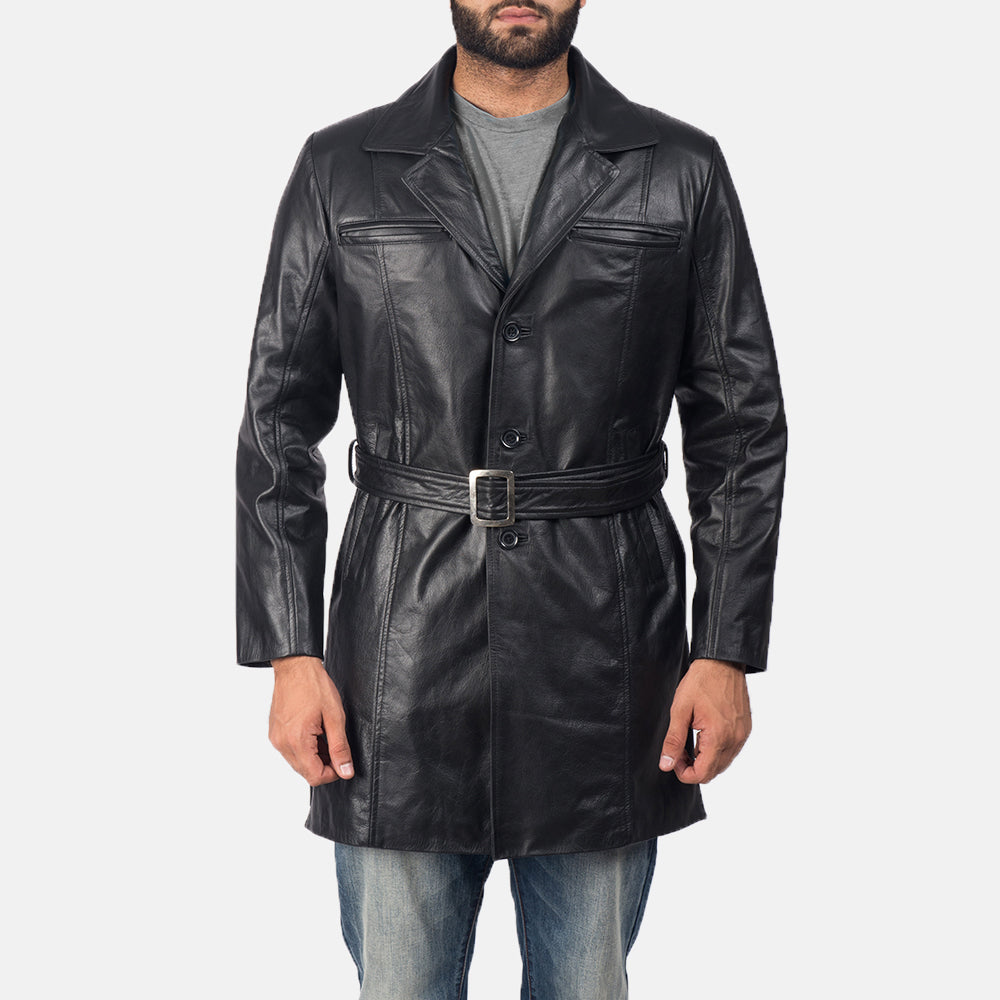 Men's Jordan Czarna Skórzany Płaszcz Męska in Black Cowhide Leather - Front Profile View &amp; Tailored Silhouette | Buy Online