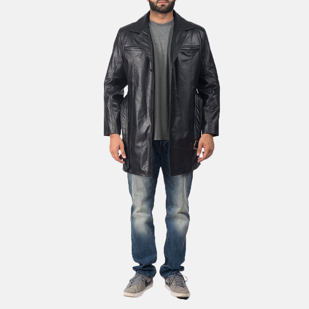 Men's Jordan Czarna Skórzany Płaszcz Męska - Lateral Side Profile View Showing Sleeve Cut &amp; Athletic Taper Fit