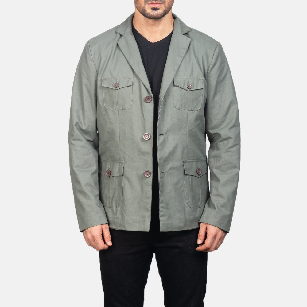 Kajetan Grey Safari Kurtka Skórzana Męska in Grey Poly-Cotton - Front Profile View &amp; Tailored Silhouette | Buy Online